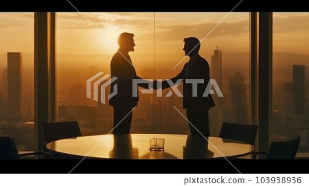 商人在可以看到日落的辦公室握手“人工智能生成的圖像” 103938936