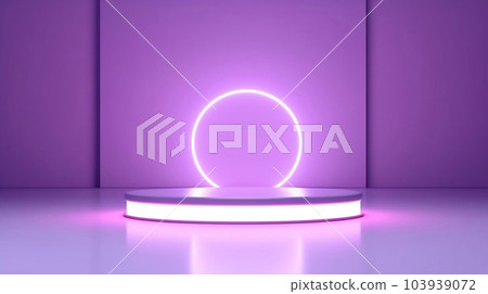 Purple pink podium product stand, neon glow showcase backdrop, minimal and trendy cylinder product display mock up wiht led light, festive, fashion, beauty, hi-tech background. Generative AI 103939072
