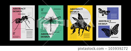 Ant, dragonfly, flying adder, bee, apis, honeybee, bumblebee, butterfly. fSet of vector posters with insects. Engraving illustrations and typography. Background images for cover, banner 103939272