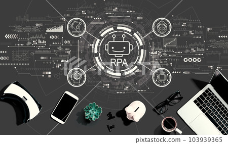 Robotic Process Automation theme with electronic gadgets and office supplies Robotic Process Automation theme with electronic gadgets and office supplies 103939365