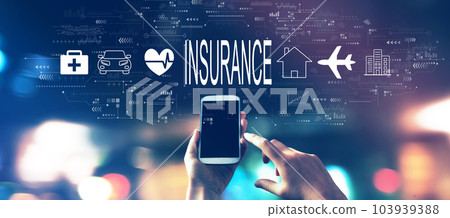 Insurance concept with a smartphone in city lights at night Insurance concept with a smartphone in city lights at night 103939388