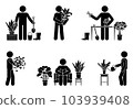 Stick figure man gardening home flowers vector set. Stickman person house planting icon pictogram 103939408