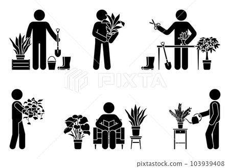 Stick figure man gardening home flowers vector set. Stickman person house planting icon pictogram Stick figure man gardening home flowers vector set. Stickman person house planting icon pictogram 103939408