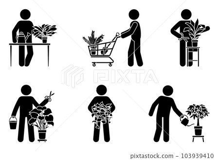 Stick figure man taking care of home flowers vector illustration set. Male person with houseplant icon pictogram Stick figure man taking care of home flowers vector illustration set. Male person with houseplant icon pictogram 103939410