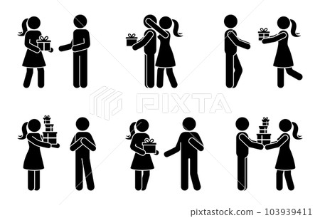 Stick figure male and female giving presents vector set. People receiving holidays gift box stickman icon pictogram Stick figure male and female giving presents vector set. People receiving holidays gift box stickman icon pictogram 103939411
