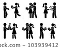 Stick figure person giving present vector set. People at holidays receiving gift box stickman icon pictogram 103939412