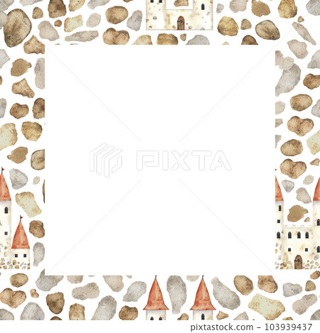 Frame with castle and Stone house wall seamless border, rock gray tiles, column isolated on white. Garden manor barrier illustration, architecture outdoor design element. Frame with castle and Stone house wall seamless border, rock gray tiles, column isolated on white. Garden manor barrier illustration, architecture outdoor design element. 103939437