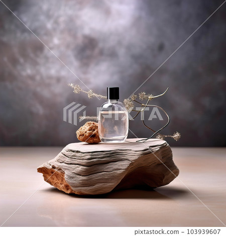 Cosmetic bottle mockup, plastic care product container styled with stone and wooden elements, studio commercial shot Cosmetic bottle mockup, plastic care product container styled with stone and wooden elements, studio commercial shot 103939607