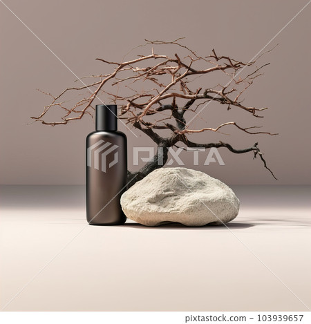 Cosmetic shampoo bottle mockup, plastic care product container styled with stone and wooden elements, studio commercial shot 103939657