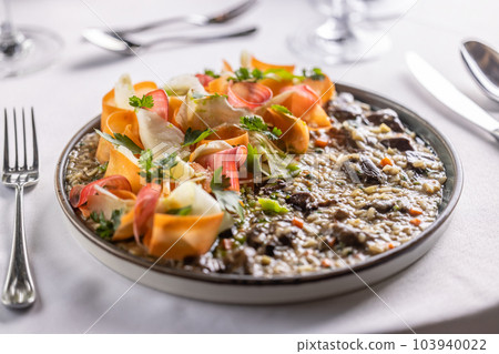 Italian mushroom risotto with root veggies and parsley decoration served in a plate on a restaurant table Italian mushroom risotto with root veggies and parsley decoration served in a plate on a restaurant table 103940022