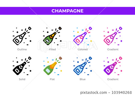 Champagne icons in different style. Champagne icons set. Holiday symbol. Different style icons set. Vector illustration Champagne icons in different style. Champagne icons set. Holiday symbol. Different style icons set. Vector illustration 103940268