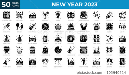 New year 2023 icons in solid style. Calendar, Confetti, Pizza. Solid icons collection. Holiday symbol. Vector illustration New year 2023 icons in solid style. Calendar, Confetti, Pizza. Solid icons collection. Holiday symbol. Vector illustration 103940314