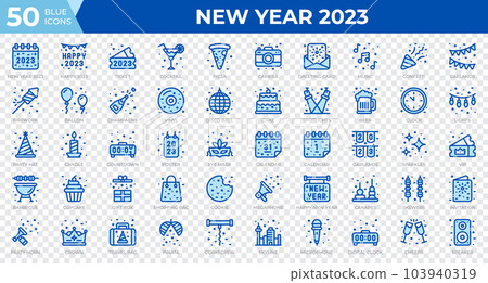 New year 2023 icons in blue style. Calendar, Confetti, Pizza. Line blue icons collection. Holiday symbol. Vector illustration 103940319
