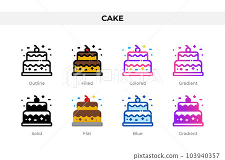 Cake icons in different style. Cake icons set. Holiday symbol. Different style icons set. Vector illustration Cake icons in different style. Cake icons set. Holiday symbol. Different style icons set. Vector illustration 103940357