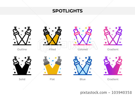 Spotlights icons in different style. Spotlights icons set. Holiday symbol. Different style icons set. Vector illustration Spotlights icons in different style. Spotlights icons set. Holiday symbol. Different style icons set. Vector illustration 103940358