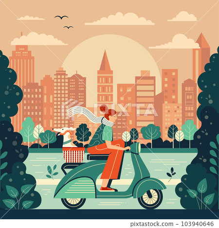Girl Riding Retro Scooter with Dog in Basket 103940646