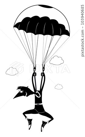 Cartoon skydiver man. Skydiver man derives enjoyment from jumping. Black on white illustration 103940685