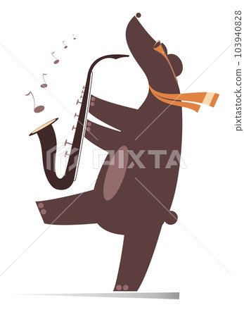 Cute bear playing saxophone. Cartoon bear is playing music on saxophone with inspiration. Isolated on white background 103940828