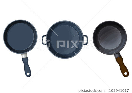 Set Frying pan top view kitchen cookware equipment in cartoon style isolated on white background. Frypan teflon round shape. Vector illustration 103941017