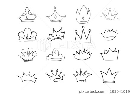 Set Royal crown, queen or princess diaden, tiara head, King in doodle style, hand drawn line isolated on white background 103941019