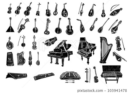 Set of stringed musical instruments. Classical orchestra. Art sound tool and acoustic symphony. Stringed fiddle wooden equipment vector illustration Set of stringed musical instruments. Classical orchestra. Art sound tool and acoustic symphony. Stringed fiddle wooden equipment vector illustration 103941478