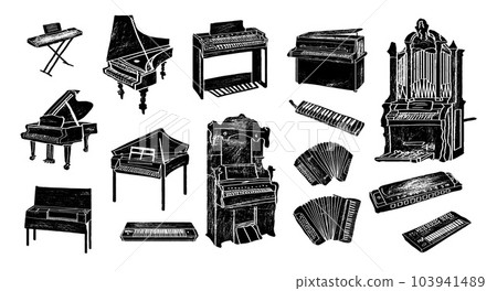 Keyboard musical instrument vector musician equipment piano of orchestra synthesizer accordion classical pianoforte organ illustration. Set of music key board forte-piano isolated on white background. 103941489