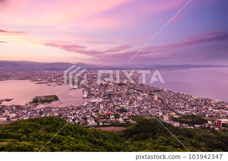 Night View from Mount Hakodate, Goryokaku Tower in Hokkaido, Japan. 103942347