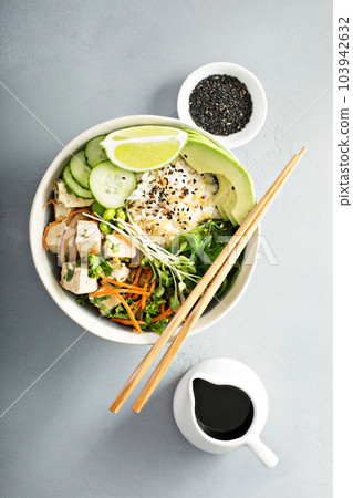 Poke bowl with silken tofu, rice and vegetables 103942632