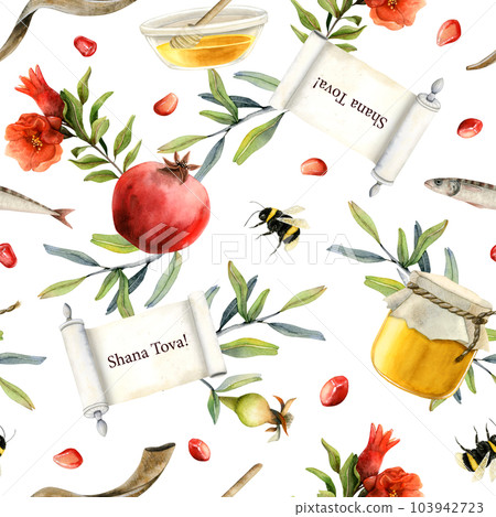 Shana Tova watercolor seamless pattern on white background for Rosh Hashanah Jewish new year gift wrapping with scroll, greetings, pomegranates, honey, apples, shofar, flowers Shana Tova watercolor seamless pattern on white background for Rosh Hashanah Jewish new year gift wrapping with scroll, greetings, pomegranates, honey, apples, shofar, flowers 103942723