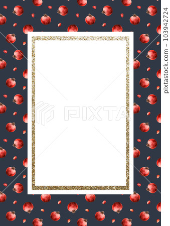Dark blue and red pomegranate fruits greeting card template watercolor illustration with golden frame and copyspace for Jewish New year. Suits for A6 format Dark blue and red pomegranate fruits greeting card template watercolor illustration with golden frame and copyspace for Jewish New year. Suits for A6 format 103942724