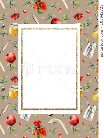 Beige and red Rosh Hashanah greeting card template watercolor illustration for Jewish New year. Suits for A6 format. Copyspace, pomegranate fruits, honey, apple, shofar and red flowers 103942725