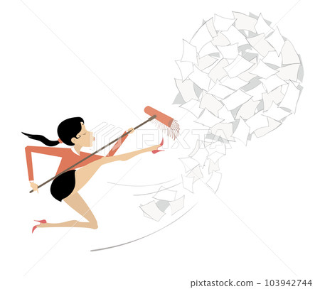 Woman, broom, pile of papers. Cartoon woman with a broom sweeps papers from the office Isolated on white 103942744