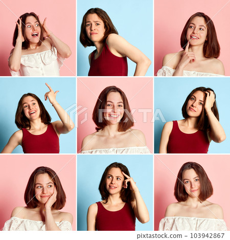 Collage. Portraits of young beautiful brunette girl posing with diversity of emotions against pink blue studio background 103942867