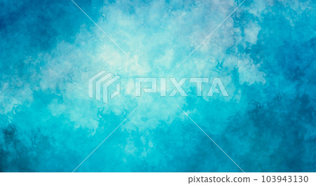 Bright blue painted artsy watercolor texture with marbled paper design with abstract grunge stain pattern and vibrant gradient sea ocean water sky color on textured painting header banner background 103943130