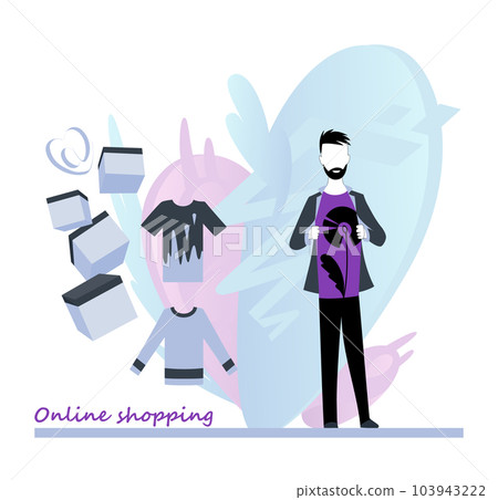 Men buy things in the online store, virtual shopping ecommerce customer service concept. Shoppers buying on internet in social networks sale poster. Vector 103943222