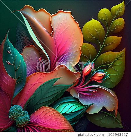 Original floral vibrant design with exotic flowers and tropic leaves. Original floral vibrant design with exotic flowers and tropic leaves. 103943327