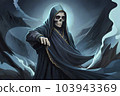 An illustrated Grim Reaper, or Death personified - skeletal being wearing a dark robe to take immortal souls - Generative AI 103943369