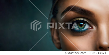 Close-up of a female face wearing blue eye-liner makeup with copy-space dark background - Generative AI 103943371