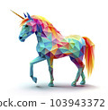 A full-body low poly 3D colorful rainbow unicorn isolated against a pure white background - Generative AI 103943372