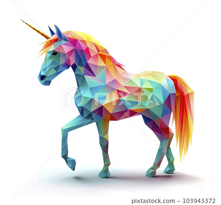 A full-body low poly 3D colorful rainbow unicorn isolated against a pure white background - Generative AI 103943372