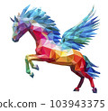 A full-body low poly 3D colorful rainbow pegasus winged horse isolated against a pure white background - Generative AI 103943375