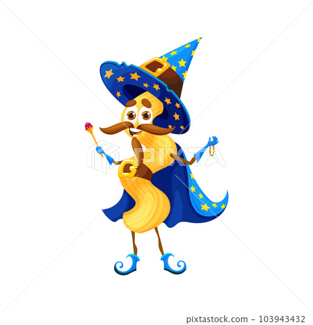 Cartoon Halloween italian pasta wizard character. Isolated vector torchio noodle personage wearing pointed hat and cloak with stars holding magic wand and amulet ready to cast delicious culinary spell 103943432