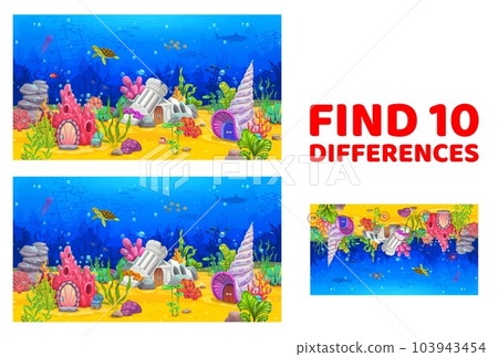Find ten differences. Cartoon sea underwater landscape with fairytale house buildings. Difference search kids game vector worksheet with coral, castle and seashell, fantasy dwelling on ocean bottom Find ten differences. Cartoon sea underwater landscape with fairytale house buildings. Difference search kids game vector worksheet with coral, castle and seashell, fantasy dwelling on ocean bottom 103943454
