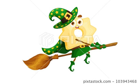 Cartoon Halloween italian pasta wizard character. Isolated vector stelle witch wearing green hat and cloak with stars flies on broomstick, ready to cast a magical spell on coven trick-or-treat party Cartoon Halloween italian pasta wizard character. Isolated vector stelle witch wearing green hat and cloak with stars flies on broomstick, ready to cast a magical spell on coven trick-or-treat party 103943468