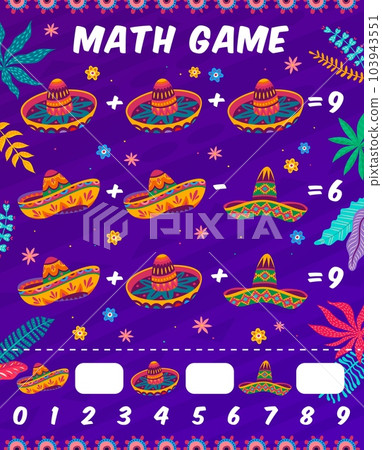 Math game worksheet with Mexican sombrero hats, vector mathematics quiz for kids. Cartoon Mexican sombrero hats in math game puzzle game for addition or subtraction calculation skills Math game worksheet with Mexican sombrero hats, vector mathematics quiz for kids. Cartoon Mexican sombrero hats in math game puzzle game for addition or subtraction calculation skills 103943551