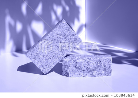 Stone Podium for promotion on violet Background. Natural pedestal. Two stone podiums. Beauty product mockup. Scene to show products. Showcase, display case. Front View, soft shadow. Rock. Very peri Stone Podium for promotion on violet Background. Natural pedestal. Two stone podiums. Beauty product mockup. Scene to show products. Showcase, display case. Front View, soft shadow. Rock. Very peri 103943634