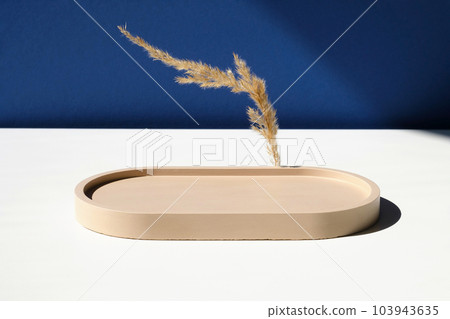 Podium for cosmetic product presentation. Abstract minimal geometrical form on white and blue background. Oval stone form, shadow. Scene, Showcase, display. Minimal design. Trendy sunlight. Front View Podium for cosmetic product presentation. Abstract minimal geometrical form on white and blue background. Oval stone form, shadow. Scene, Showcase, display. Minimal design. Trendy sunlight. Front View 103943635
