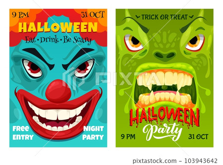 Halloween party flyer, cartoon monster characters. Vector Happy Halloween horror night event cards, invitation posters with creepy clown and alien reptile faces with open toothy mouth and sharp teeth Halloween party flyer, cartoon monster characters. Vector Happy Halloween horror night event cards, invitation posters with creepy clown and alien reptile faces with open toothy mouth and sharp teeth 103943642