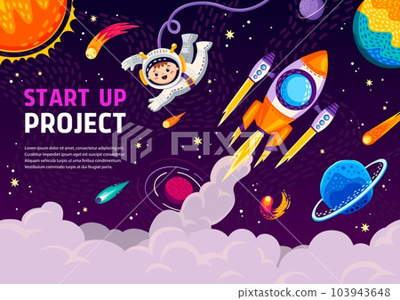 Fast start, cartoon spaceship rocket launch with chemtrail clouds. Vector space themed banner or landing page for business start up project with astronaut, spaceship takeoff and galaxy planets Fast start, cartoon spaceship rocket launch with chemtrail clouds. Vector space themed banner or landing page for business start up project with astronaut, spaceship takeoff and galaxy planets 103943648