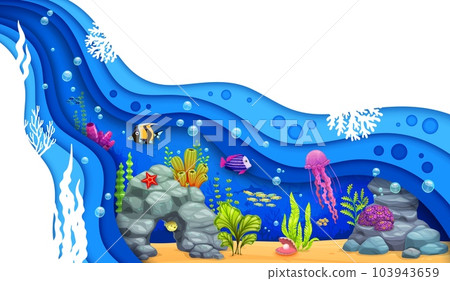 Cartoon underwater paper cut sea landscape with tropical fish, seaweeds and jellyfish, vector undersea background. Sea world or ocean coral reef in papercut layers of starfish, jellyfish and shell Cartoon underwater paper cut sea landscape with tropical fish, seaweeds and jellyfish, vector undersea background. Sea world or ocean coral reef in papercut layers of starfish, jellyfish and shell 103943659